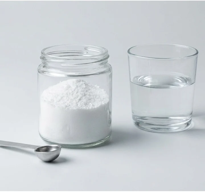 Creatine monohydrate powder with scoop and glass of water