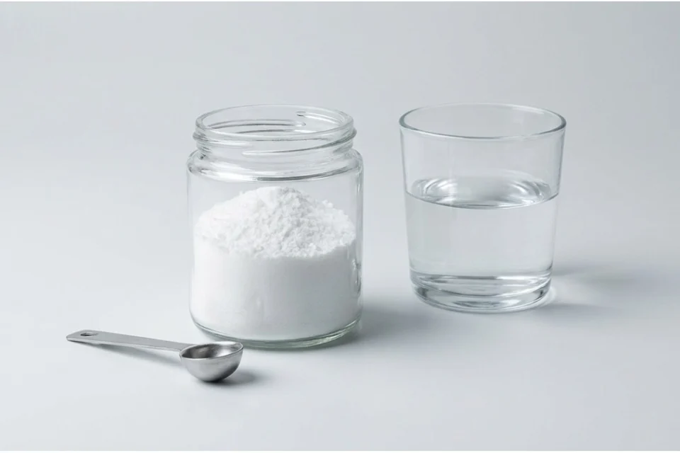 Creatine monohydrate powder with scoop and glass of water