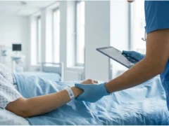 Healthcare professional checks the identification wristband of a hospitalized patient in a hospital bed.