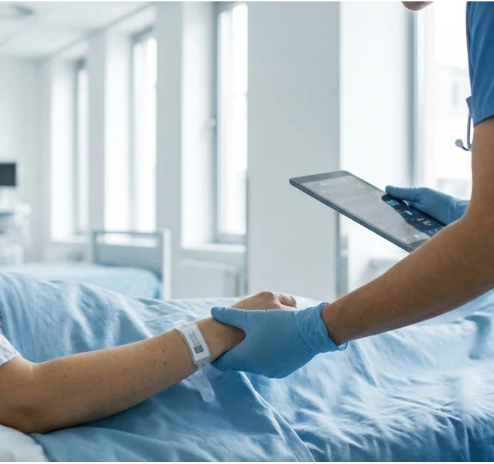 Healthcare professional checks the identification wristband of a hospitalized patient in a hospital bed.